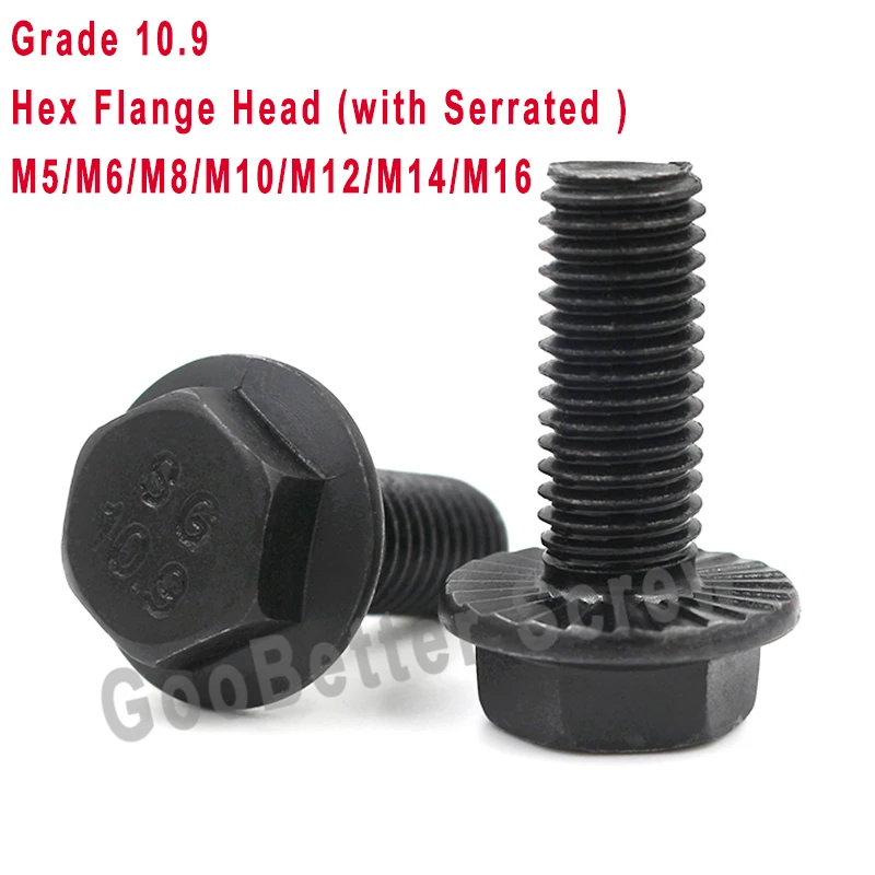 

1/2/5/ Pcs 10.9 Grade Hex Flange Head with Serrated Cap Screw M5/M6/M8/M10/M12/M14/M16 Hex Washer Head Bolt Black Carbon Steel