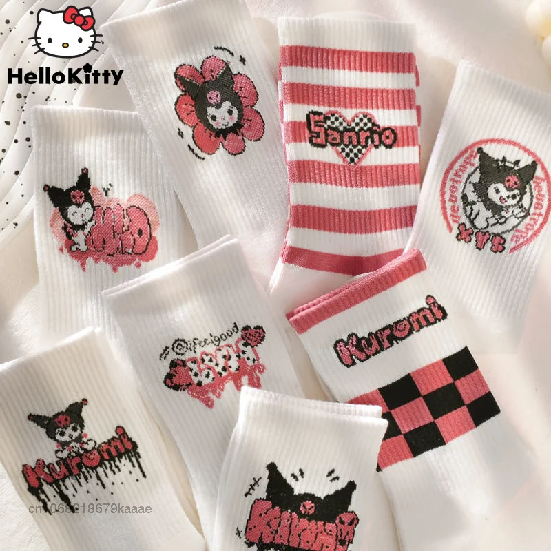 Sanrio New Socks Cartoon Kuromi Women Cute White Short Stocking Y2k Girl Hipster Middle Tube Socks Student Soft Breathable Sock