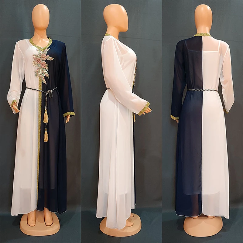 Ensemble Femme Musulmane Eid Mubarak Abayas 3D Flowers Chiffon Dress Inner 2 PCS Set Djellaba Femme Women Dubai Turkish Robes