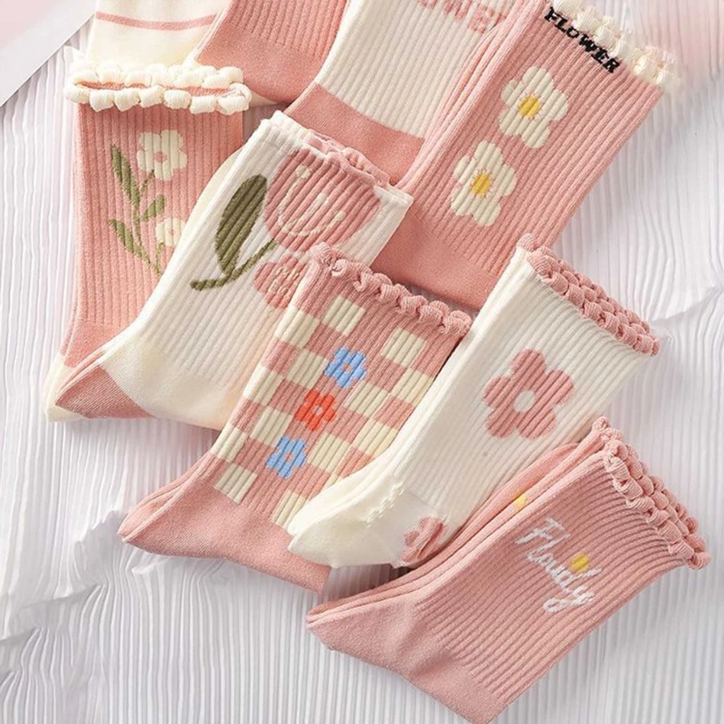 

Cute Sock for Women Flower Print Casual Soft Breathable Spring Summer Pink Series Fashion Female Sports Middle Tube Sock