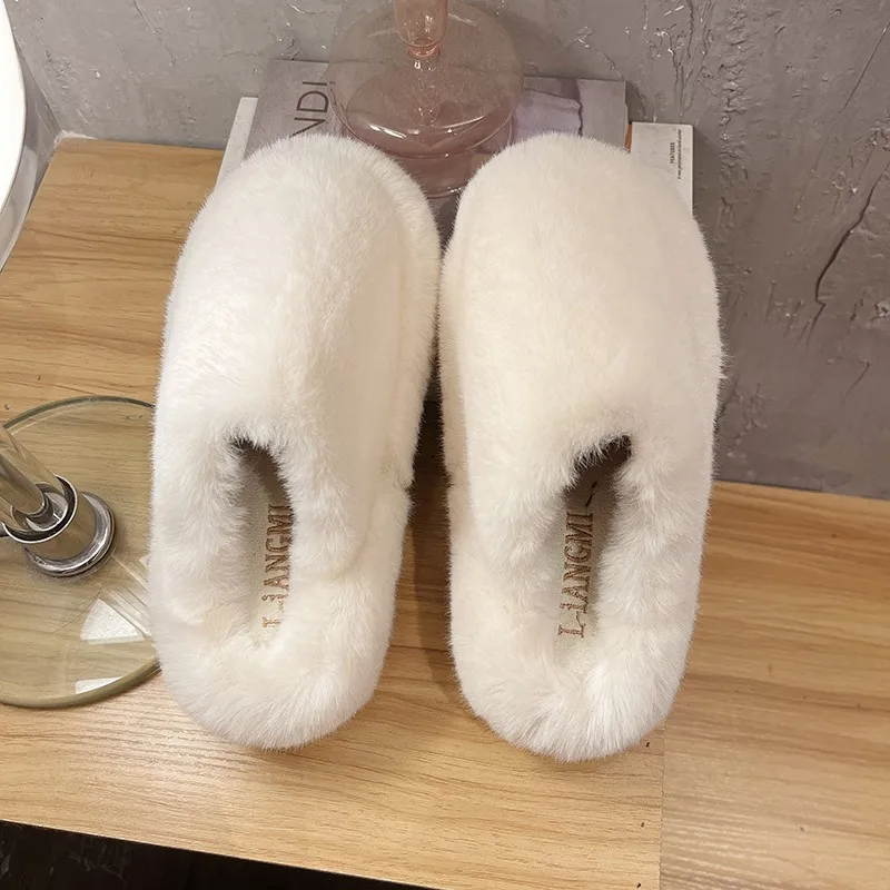 Winter Women Fluffy Fur Furry Thick Platform Home Slippers Female Warm Plush Non Slip Flip Flops Shoes