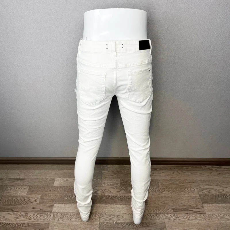 Fashion Designer Men Jeans White Color Stretch Elastic Slim Fit Ripped Jeans Men Streetwear Patched Hip Hop Brand Pants Hombre