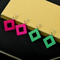 fashion exaggerated geometric square green red ladies earrings high end fashion all match atmosphere woman silver needle earring