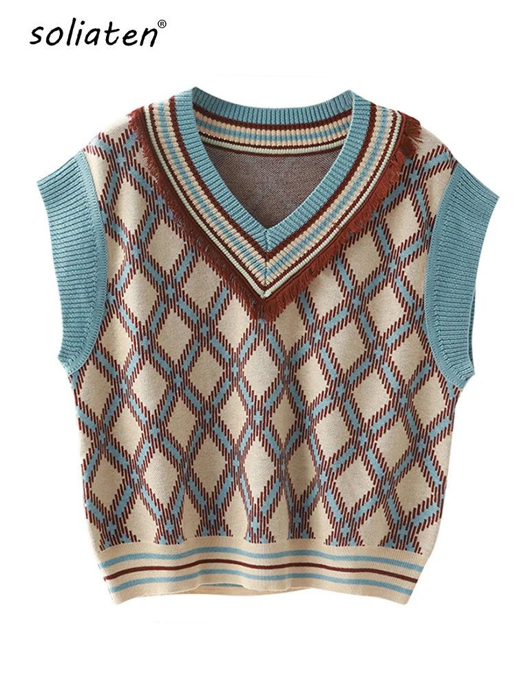 

Wool Argyle Knitted Plaid Women's Vest Preppy Style V-Neck Tassel Sleeveless Sweater Female Fashion Ladies Vests C-079