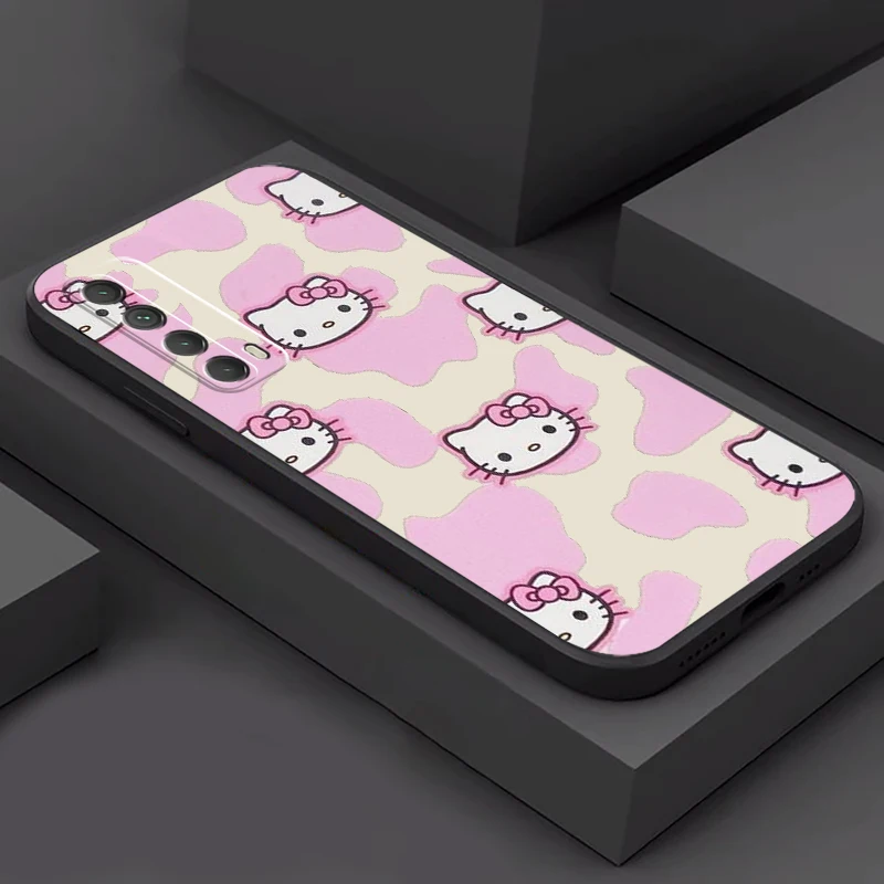

MINISO Cartoon Hello Kitty Phone Case For Huawei P30 P40 Lite P20 Pro P Smart 2021 2020 2019 Z Liquid Silicon Coque Black