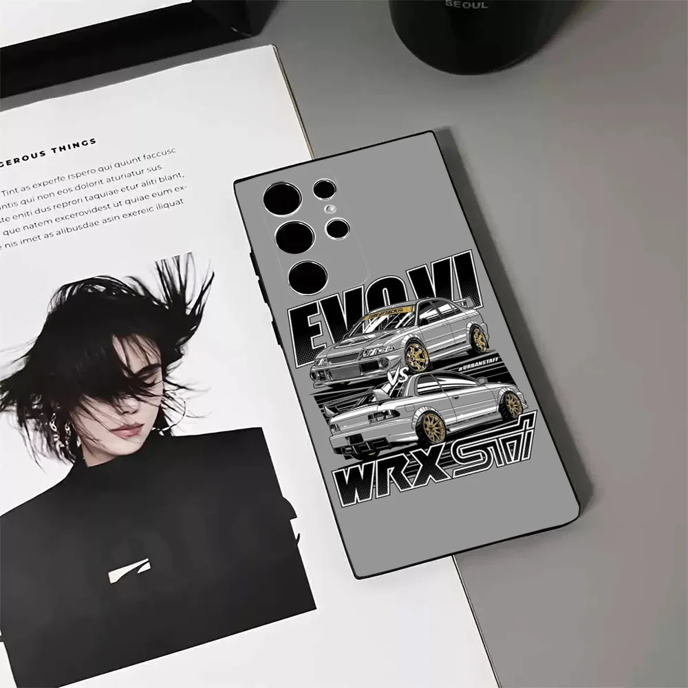 Cool Black EVO X Refit Car Phone Case For Samsung S24 23 22 30 21 10 9 Ultra Plus Lite FE 5G Soft