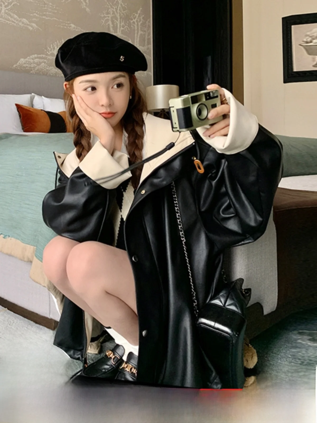 Черное пальто из искусственной кожи с капюшоном верхняя одежда для женщин весна