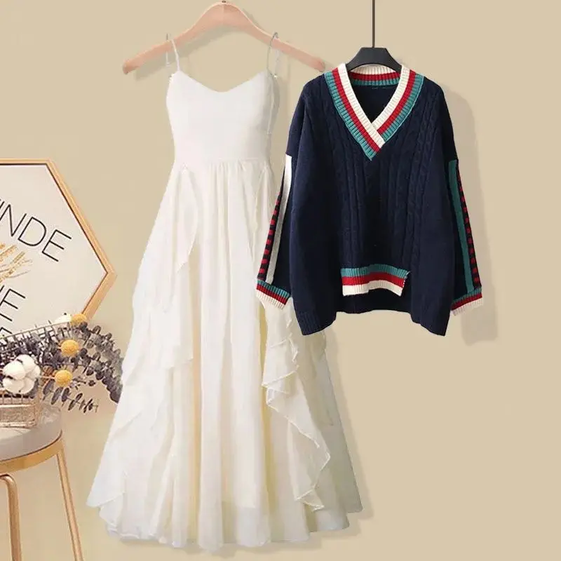 Oversized Women's Autumn Set Women's 2023 New Loose V-Neck Knitted Sweater Sling Dress Two Piece Set Fashion