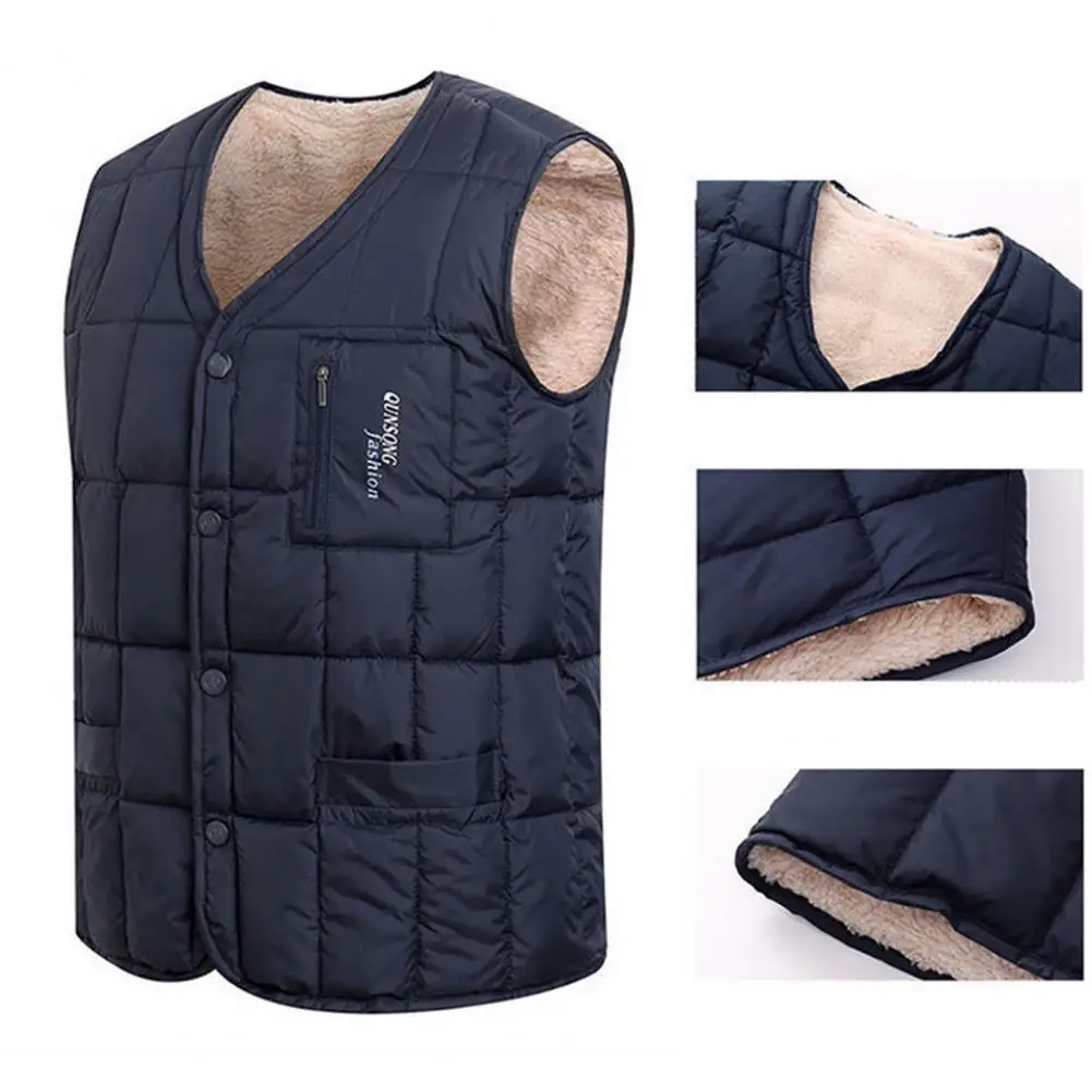 

Men Vest Winter Men's Padded Vest Thick Loose Windproof with V Neck Single-breasted Design Warm Plush Lining Padded Waistcoat