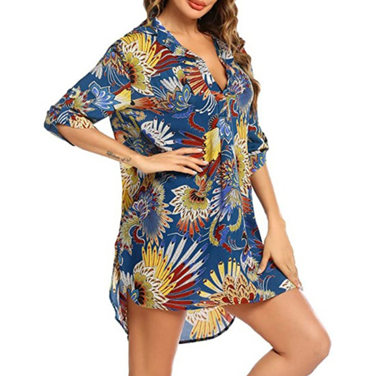 Женское летнее пляжное платье накидка на бикини с рукавом 3/4 туника V-образным