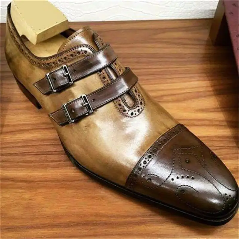 

2022 Monk Shoes Men Shoes PU Ankle Colorblock Classic Casual Party Distressed Double Buckle Bullock Fashion Dress Shoes KB529