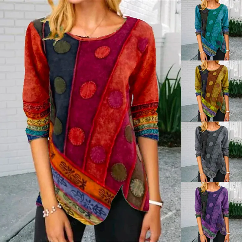 

Women's Shirt 2023 Spring and Autumn New Retro Print Irregular Long-sleeved Casual T-shirt Female