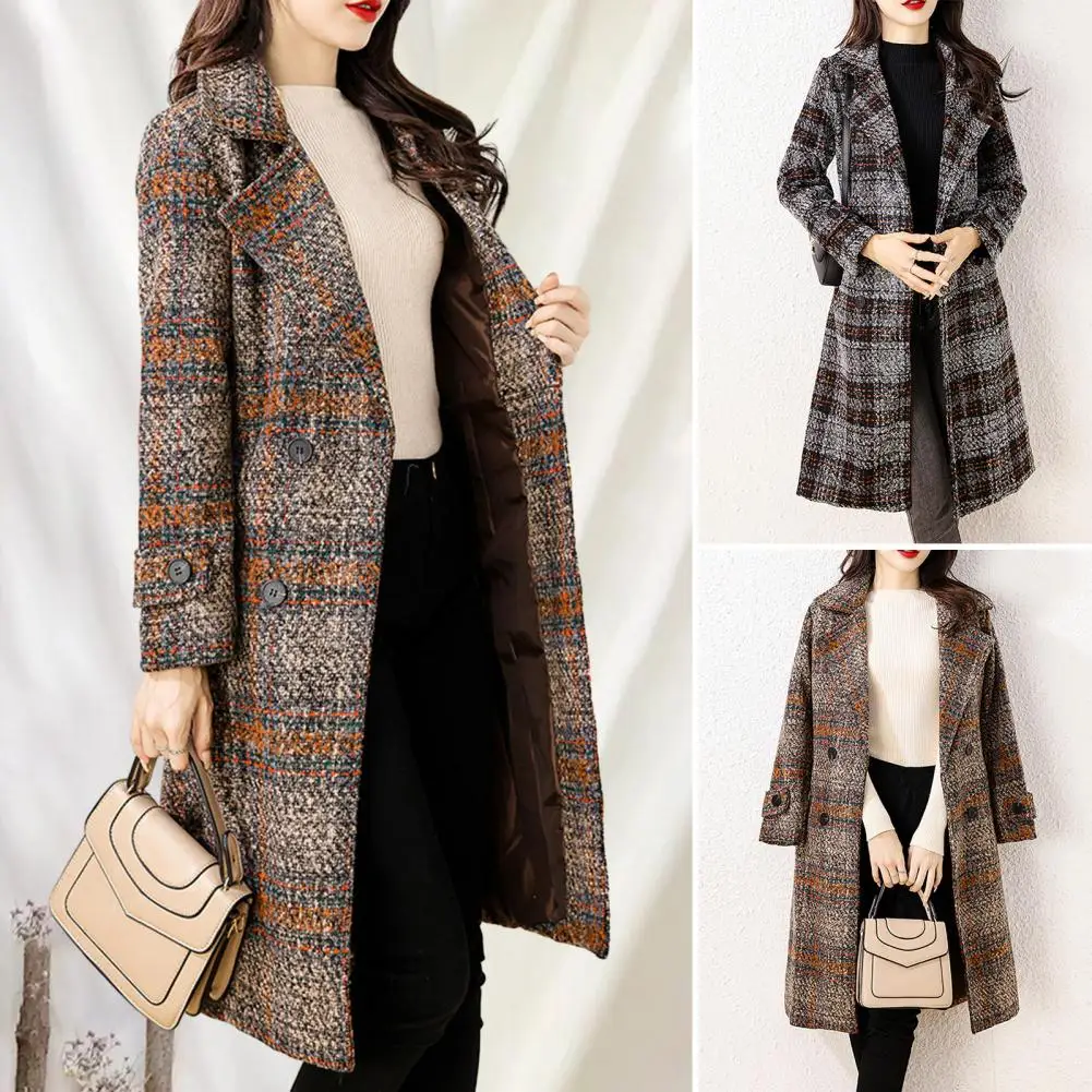 

Женское шерстяное пальто, шикарное шерстяное пальто в клетку с принтом, двубортное приталенное пальто средней длины на осень/зиму