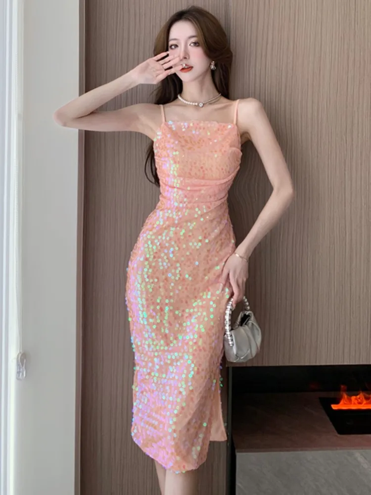 

Summer Fashion Sexy Sequined Pencil Dresses Women's Elegant Strap Bodycon Work Vestido Korean Chic Clothes