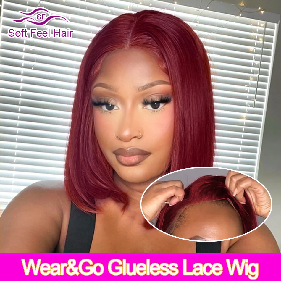 99J Burgundy Short Straight Bob Wig Glueless Wig Human Hair Ready To Wear Pre Cut 4x6 HD Lace Closure Wig Brazilian Wear Go Wigs