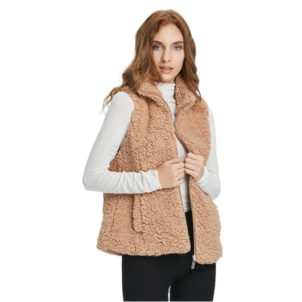 Winter Thermal Teddy Real Fur Women Vest Leisure Sleeveless Zipper With Pockets Fur Vests Pure Color simpleWomen Winter Coat