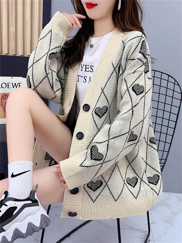 

Ретро жаккардовый вязаный кардиган Harajuku винтажный с длинным рукавом осень/зима корейский Свободный мягкий восковой свитер с круглым вырез...