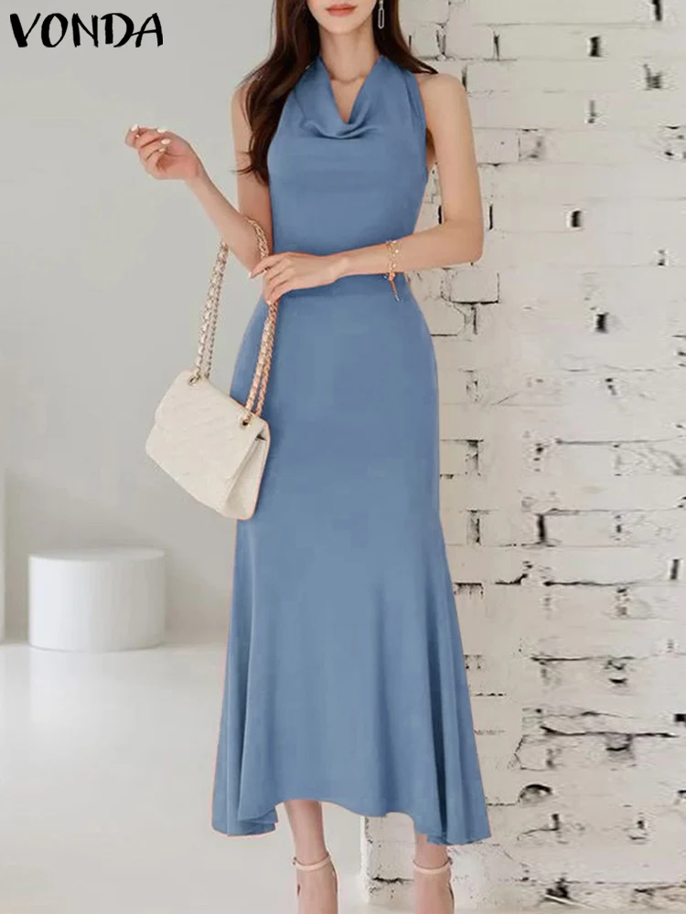 

Summer Women Elegant Sleeveless Dress VONDA Sexy Halter Midi Sundress 2023 Fashion Pleated Backless Solid Color Casual Vestidos