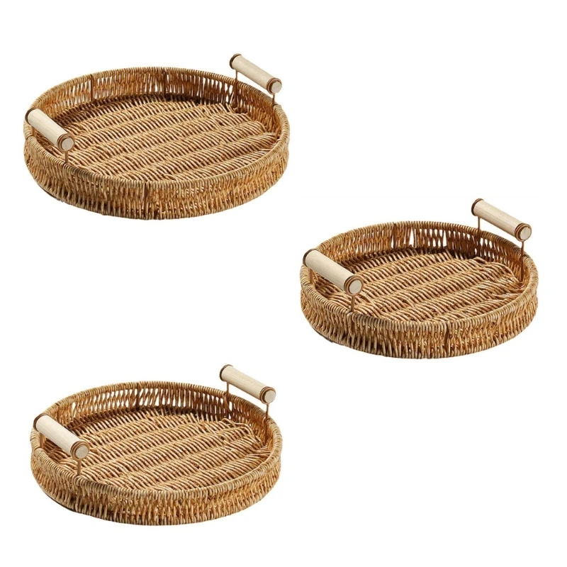

69HF Hand-woven Storage Basket Rattan Tray for Countertop Shelves Kitchen Decoration