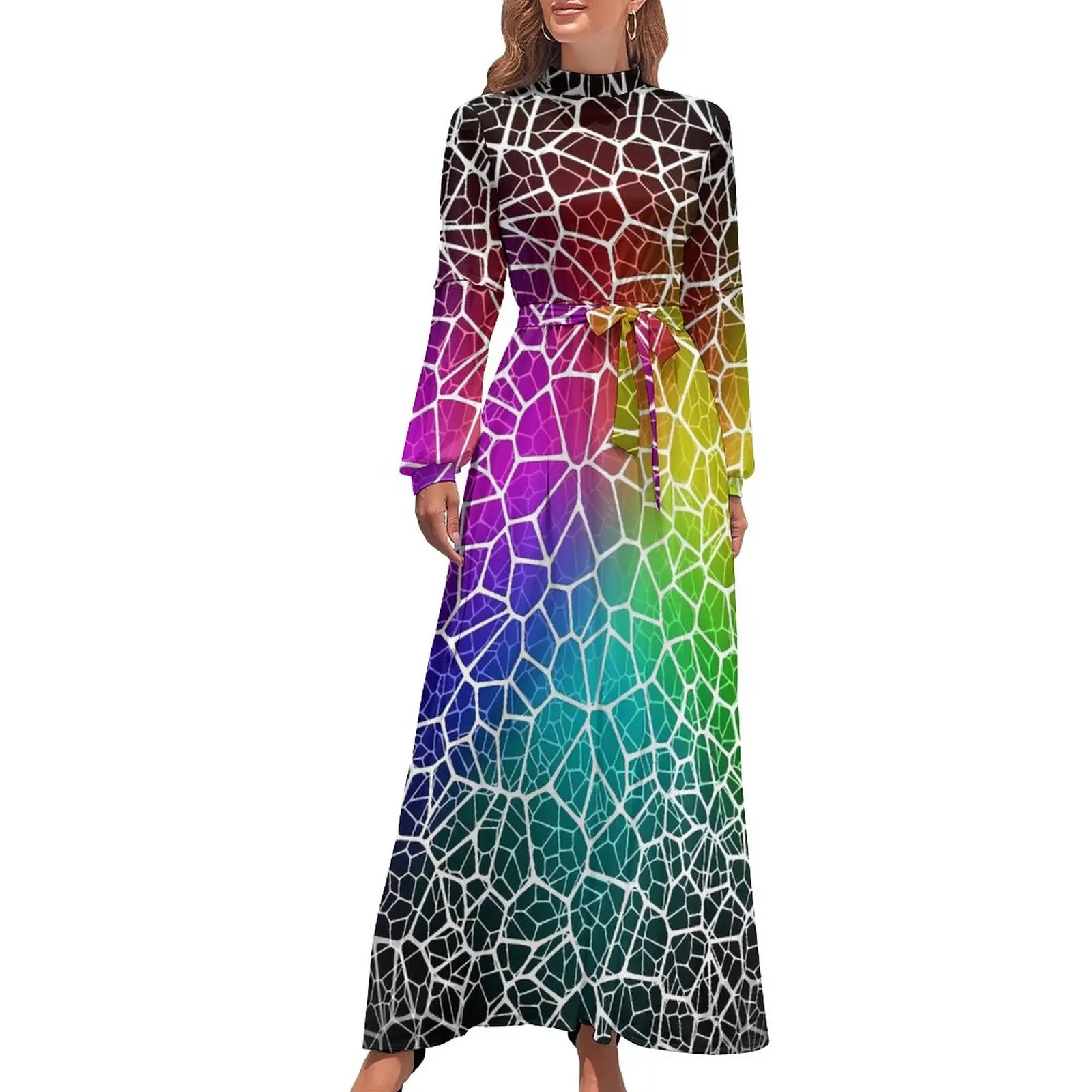 

Rainbow Shallow Water Dress High Waist Cracked Surface Boho Beach Dresses Long Sleeve Street Style Long Maxi Dress Party Clothes
