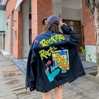 womens spring and autumn new street zipper stitching contrast color personality graffiti jacket denim jacket jacket couple wear