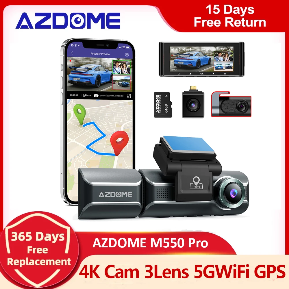 Aggiornamento Azdome Car Dvr M550 Pro Dash Cam 4K 5.8Ghz Wifi 3 Telecamere Anteriore/Cabina/Posteriore Cam Gps Visione Notturna Monitor Di Parcheggio