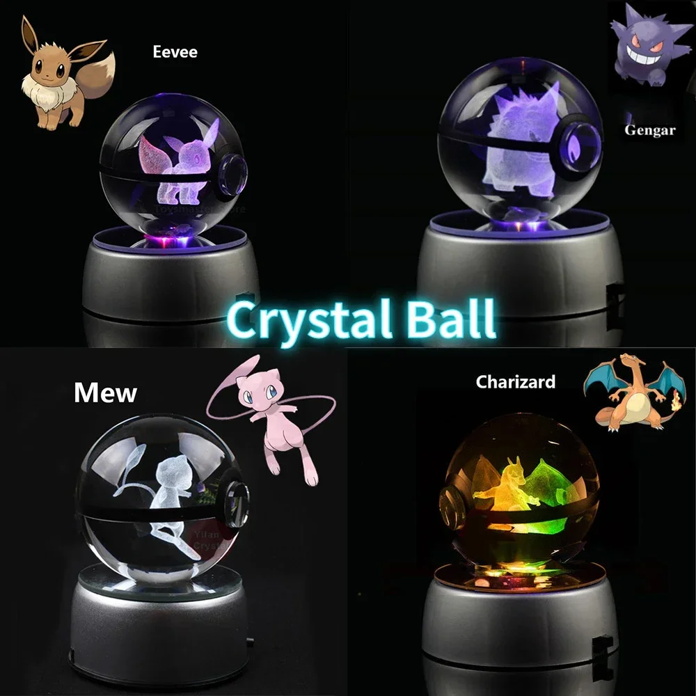 

5cm Pokemon 3D Crystal Ball Pikachu Figure Pokeball Eevee Gengar Mew Charizard Model with Led Light Base Anime Christmas Gift