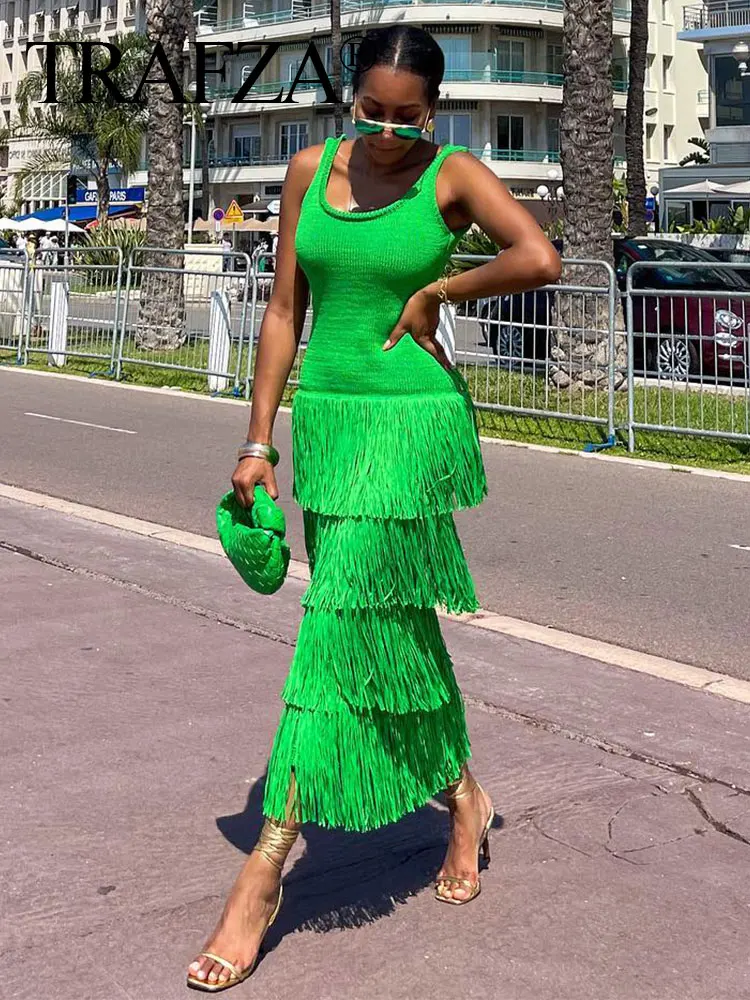 

TRAFZA Dress For Women Green Knitted Tassel Backless Long Dresses Sexy Bodycon Dress Female Midi Evening Party Chic Dress
