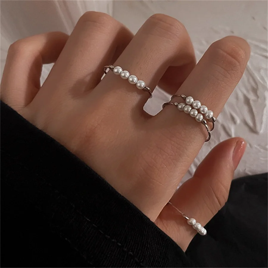 

New Korean Simple Silver Color Imitation Pearl Beads Open Rings for Women Elegant Temperament Geometric Twist Joint Knuckle Ring