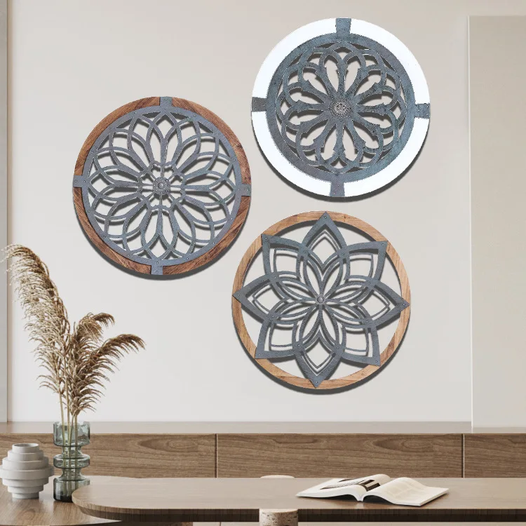 

Round Wall Artwork Wooden Metal Decorative Wall Badges Wall Hangings Floral Home Decorations