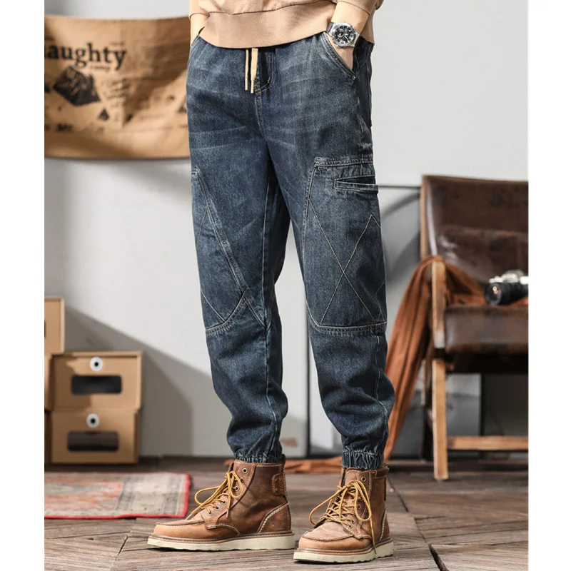Men Clothing Vintage Loose Bluish Jeans Straight Cylinder Versatile Multiple Pockets Cargo Pants Female 2022 Autumn New Pattern