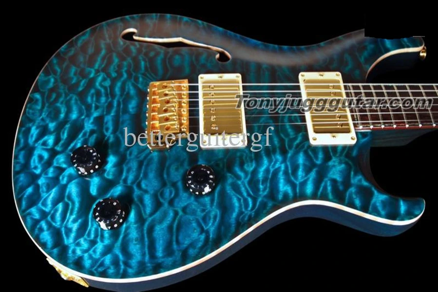 

Paul Private Stock Brazilian LTD Blue Quilted Maple Top Semi Holllow Body Electric Guitar Abalone Inlay, Eagle Headstock