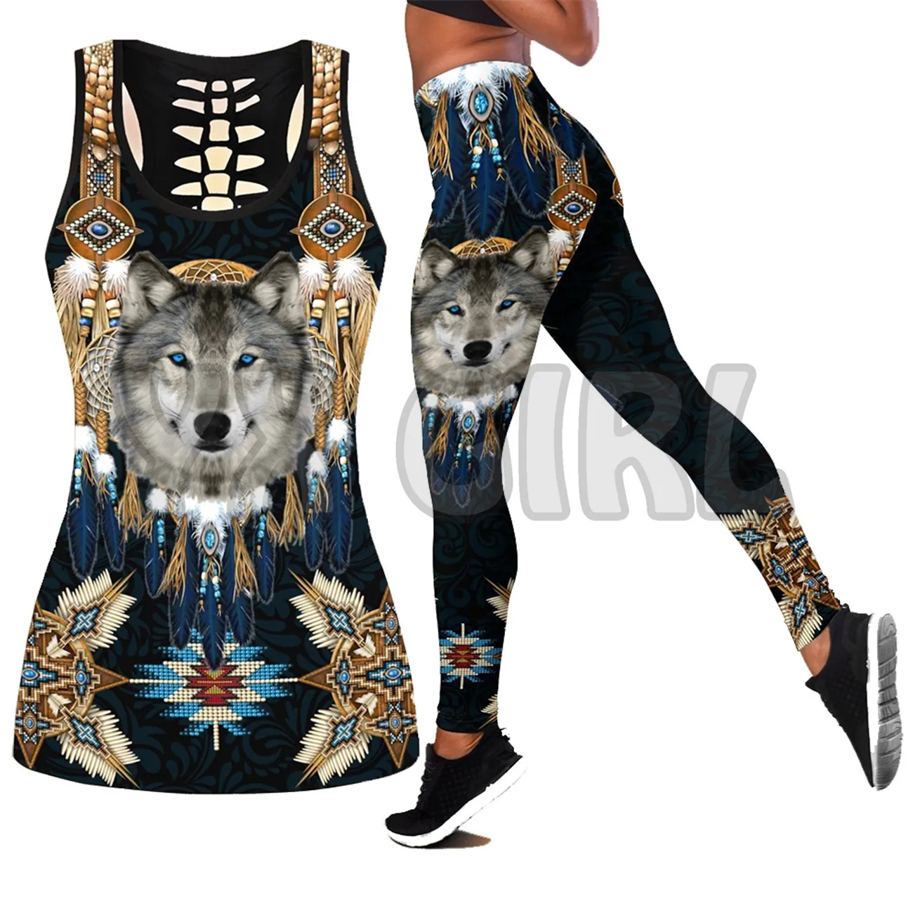 Native Love Wolf 3D Printed Tank Top+Legging Combo Outfit Yoga Fitness Legging Women