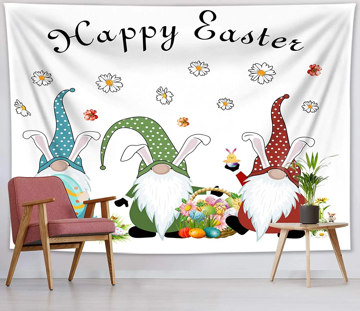 

Easter Gnome Tapestry Colorful Easter Eggs and Funny Bunny Spring Daisy Flowers Tapestries for Bedroom Living Room Dorm Holiday