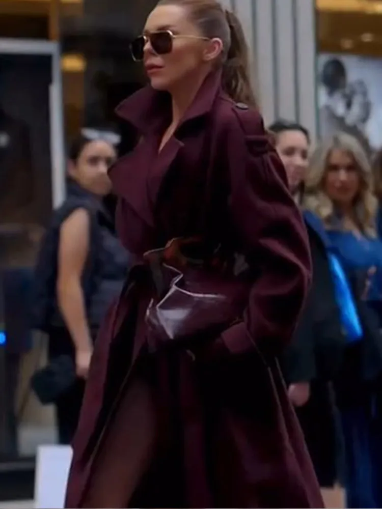 Женская шерстяная куртка на шнуровке однотонная двубортная длинная с отложным