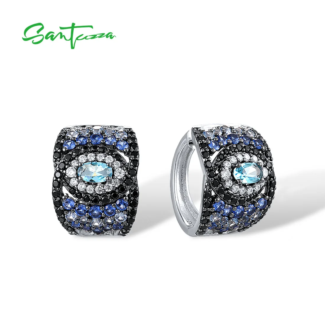 

SANTUZZA Pure 925 Sterling Silver Loop Pierce Earrings For Women Sparkling Blue And Black Spinel White CZ Gorgeous Fine Jewelry