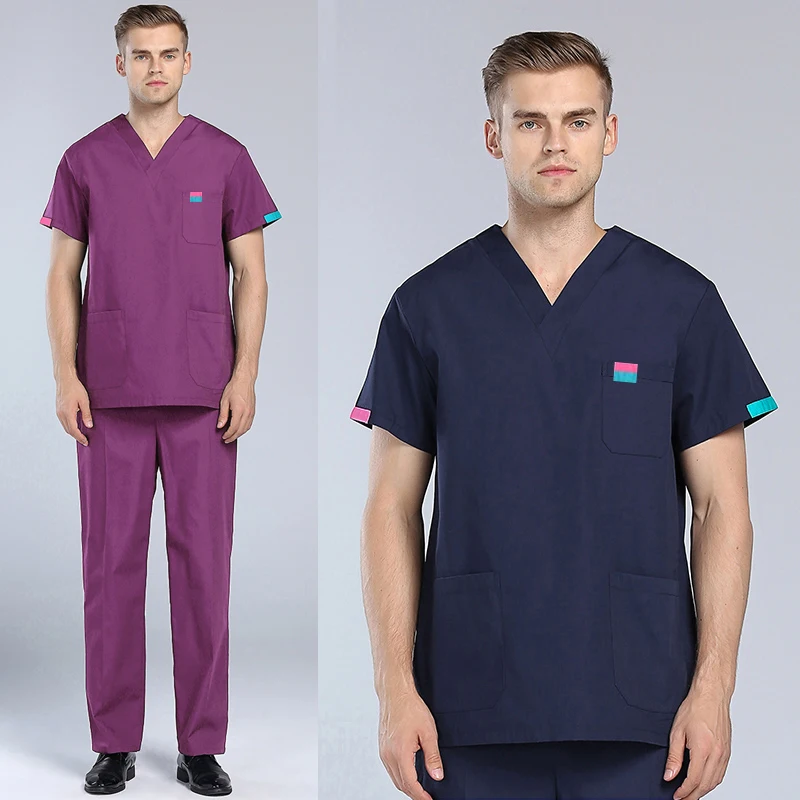Plug Size Medical Uniforms Men Nursing Clothes V Neck Scrub Top Short Sleeve Doctor Costume Cotton Scrub Pants Dentist Workwear
