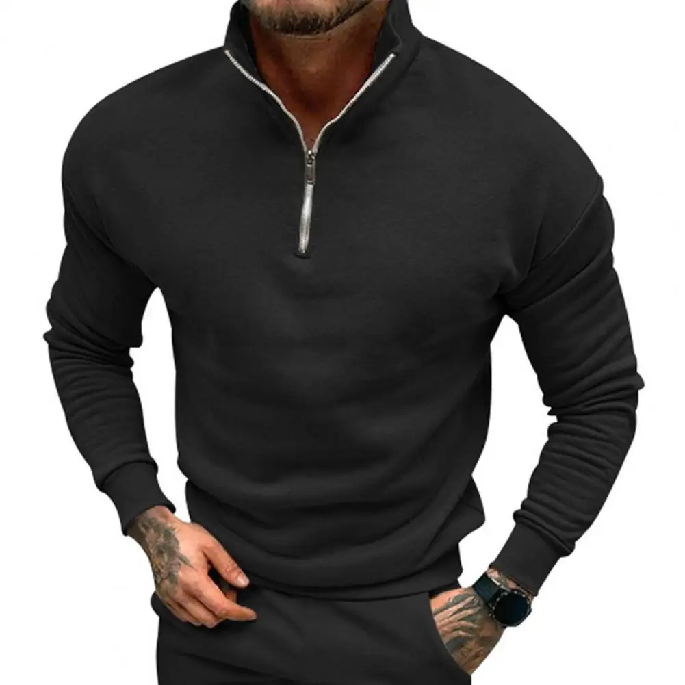

Men Sweatshirts Fall Winter Top Stand Collar Neck Protection Solid Color Pullover Elastic Cuff Slim Fit Zipper Collar Top Men