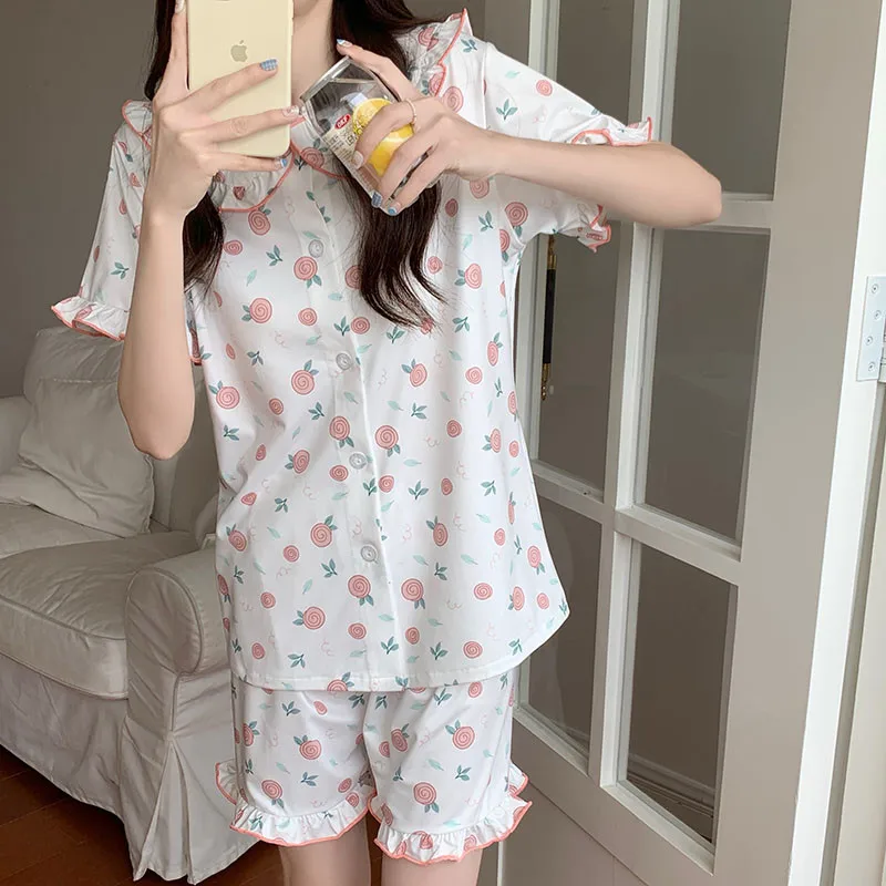 CAIYIER 2022 Korean Pajamas Set For Women Summer Flower Grils Sleepwear Sweet Cherry Female Nightwear Kawaii Leisure Home Suit