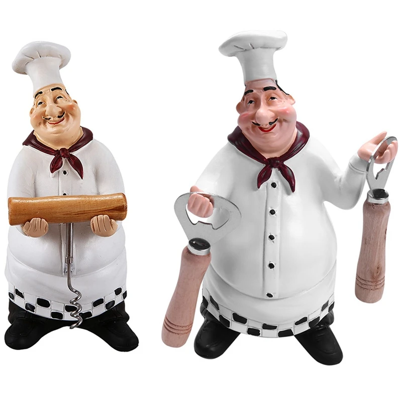 

2Pcs Retro Chef Model Ornaments Resin Crafts Mini Chef Figurines White Top Hat Cook - Wine Opener & Beer Bottle Opener