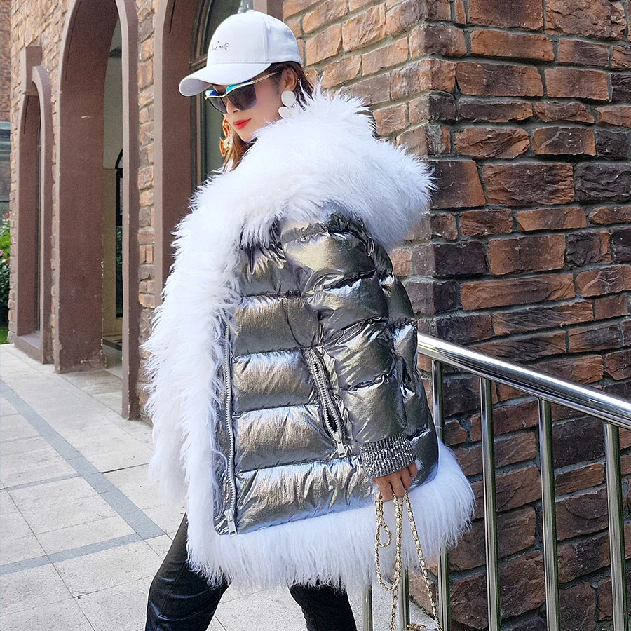 

Maomaokong New Down Jacket Winter Women Natural Real Fur Collar Waterproof Coat Loose Silver Thick Warm Down Coat Luxury