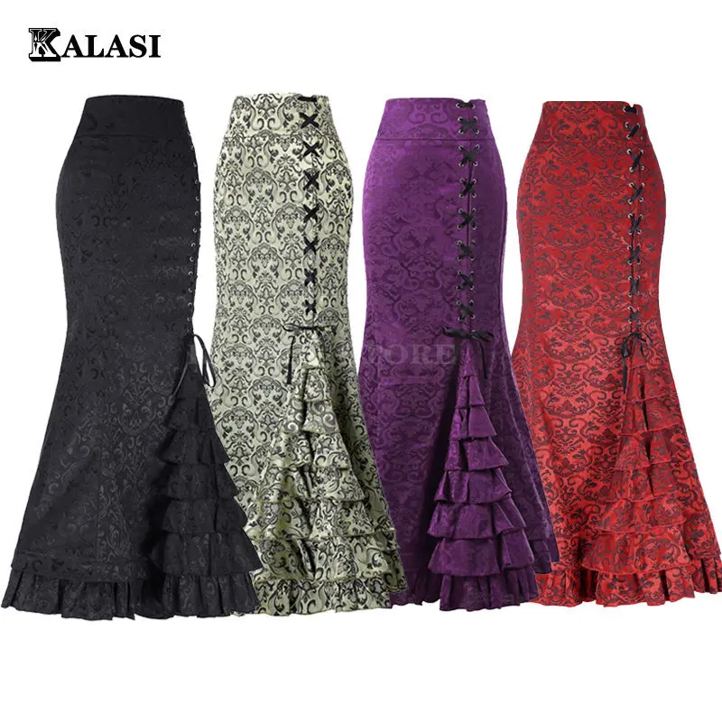 Women's Skirt Gothic Vintage Victorian Steampunk Lace-Up Tiered Ruffled Fishtail Skirt Mermaid Long Dresses Medieval Costumes