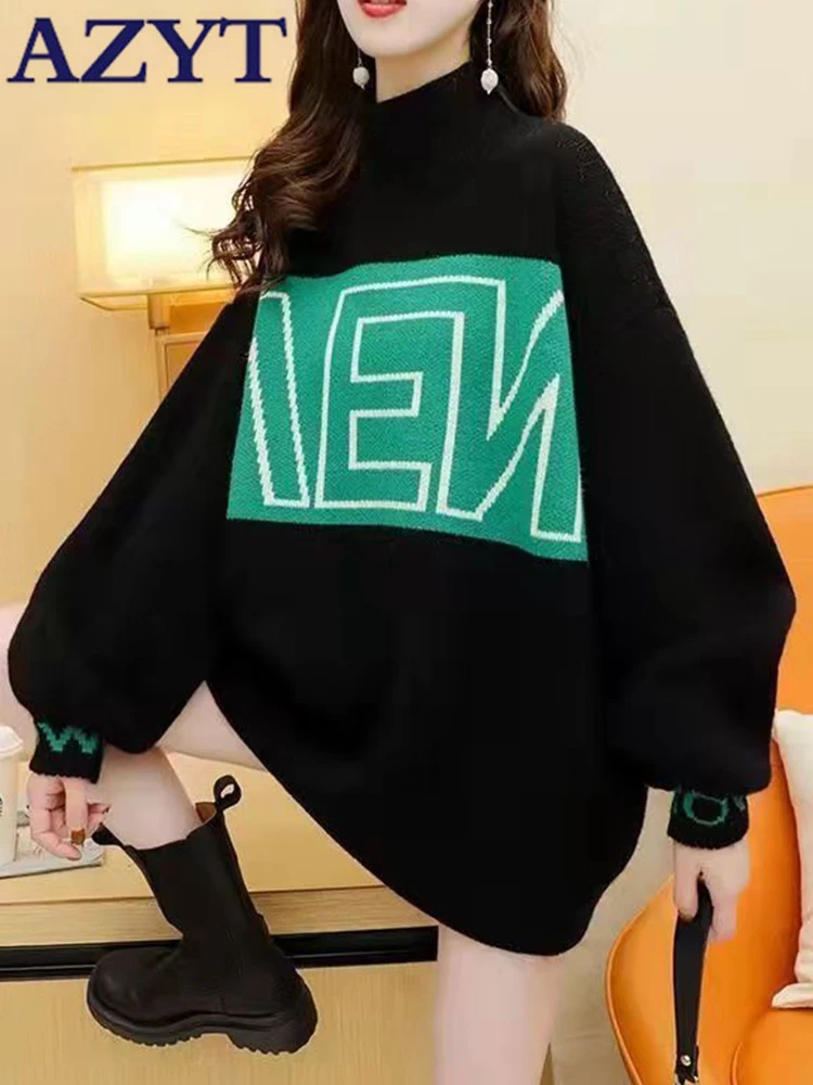 

AZYT 2023 Winter Turtleneck Sweater Knit Pullovers Fashion Letter Print Loose Woman Sweater Jumper All Match Casual Knitwear