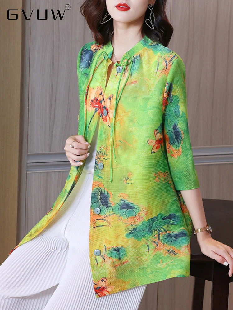 

Женская плиссированная рубашка GVUW с цветочным принтом, с рукавом три четверти и воротником-стойкой, однобортный летний Женский Повседневны...