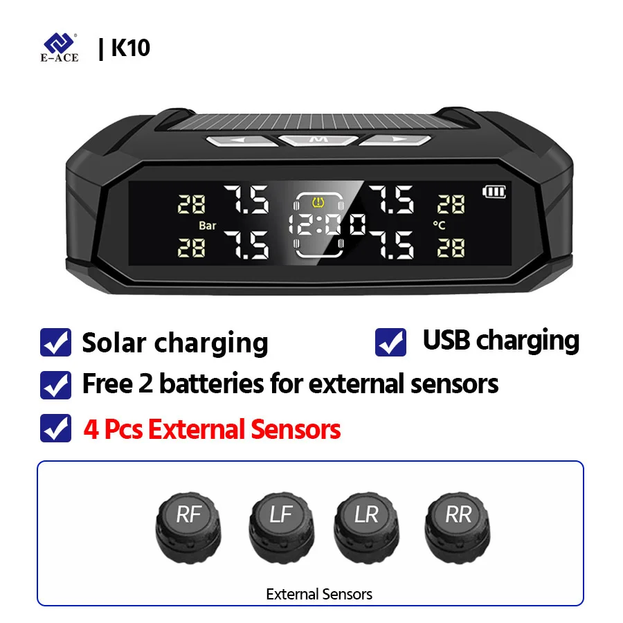 

TPMS E-ACE 8-барный Интеллектуальный Автомобильный Датчик ЖК-дисплей На Солнечной Энергии Для Автомобилей Электронные Часы Дл...