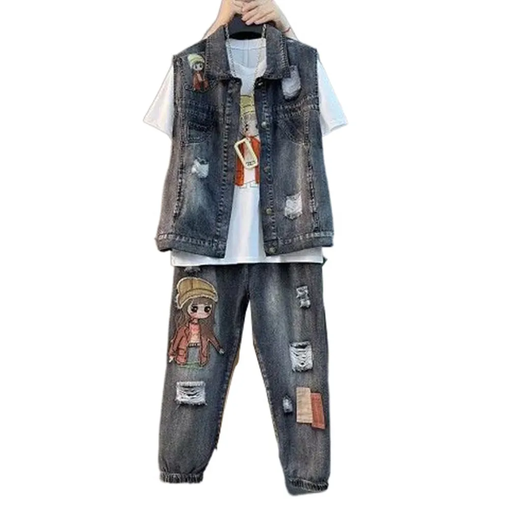 Джинсовый жилет с мультяшным принтом белая футболка коротким рукавом рваные