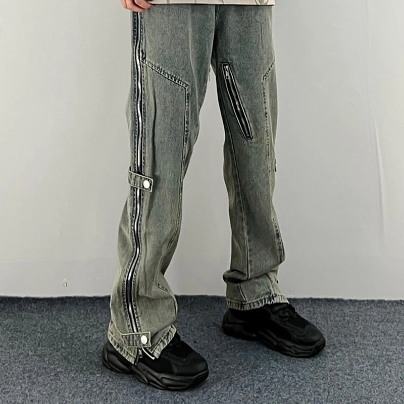 Drawstring Side Zipper Vibe Jeans Men's High Street American Fashion Straight Jeans Pants Hip Hop Distressed Elastic Waist