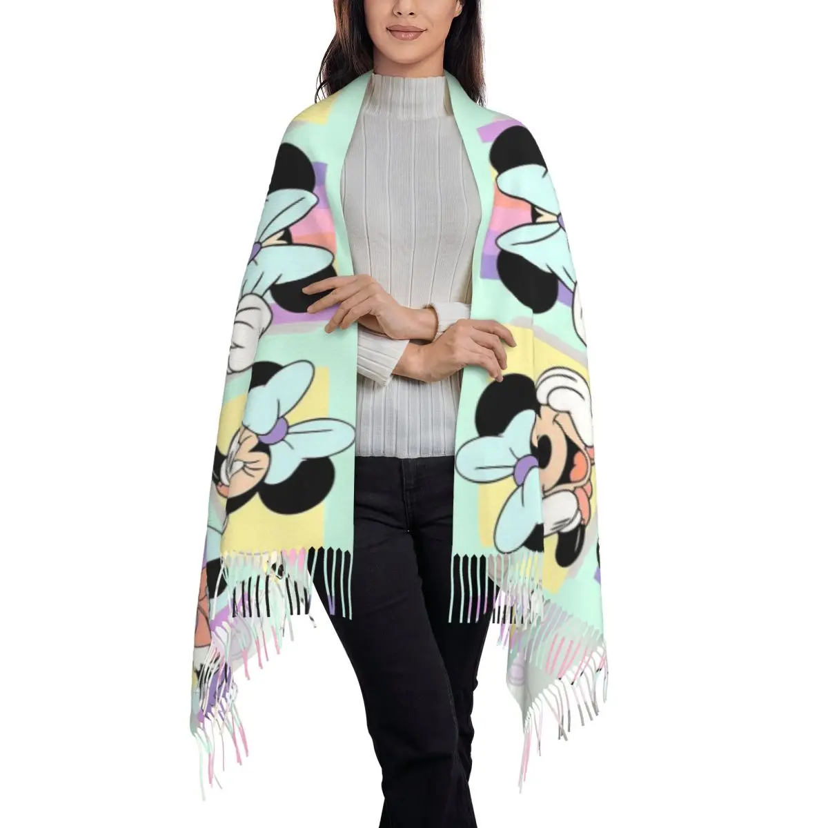 Custom Cute Minnie Mouse Anime Scarf Wrap for Women Long Winter Warm Tassel Shawl Unisex Scarves