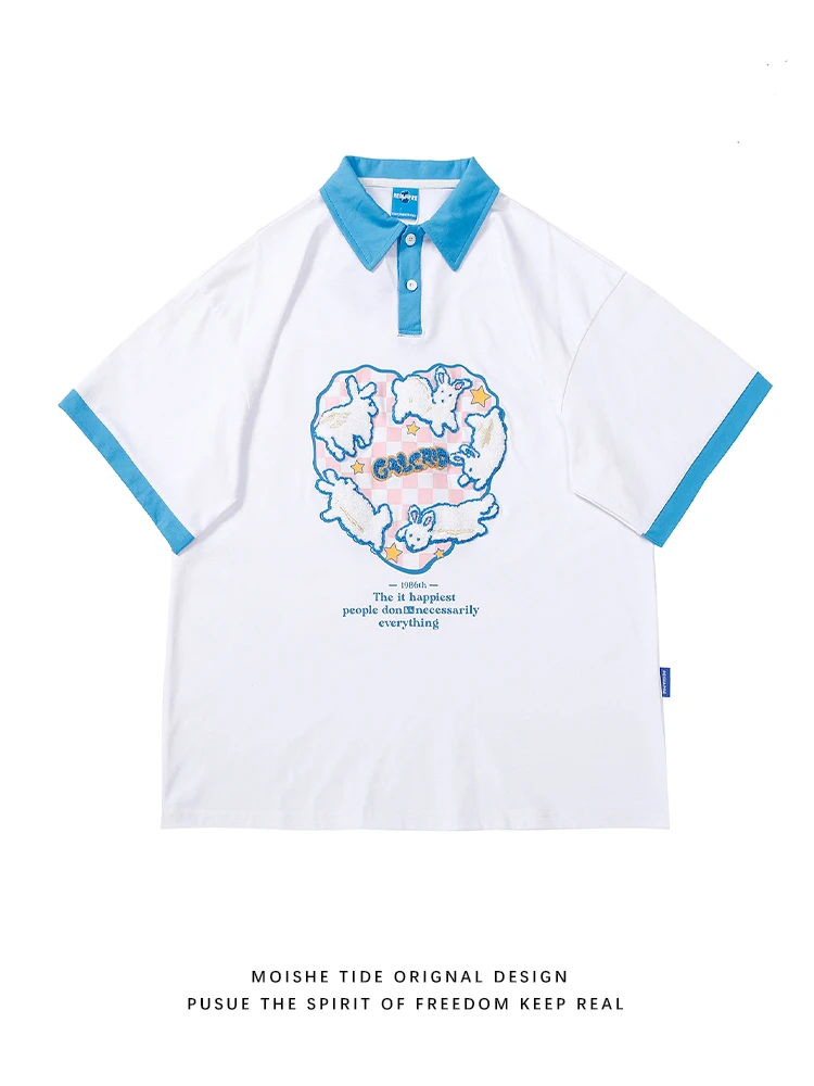 Moishe Tide Chessboard Plaid Rabbit Contrast Color Short sleeve Polo Shirt Men and Women Summer Loose Couple Half Sleeve T-shirt
