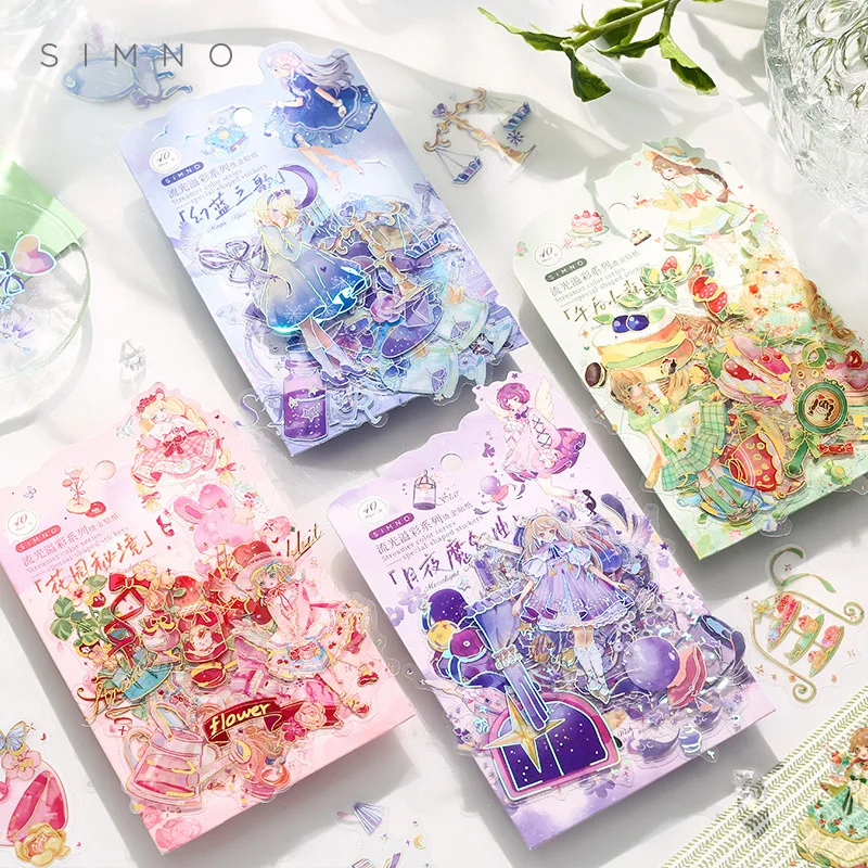 

40Sheets/pack Streamer Overflow Series Bronzing Sticker Bag Ledger Material Decoration Cartoon Girl Modeling Stationery Stickers